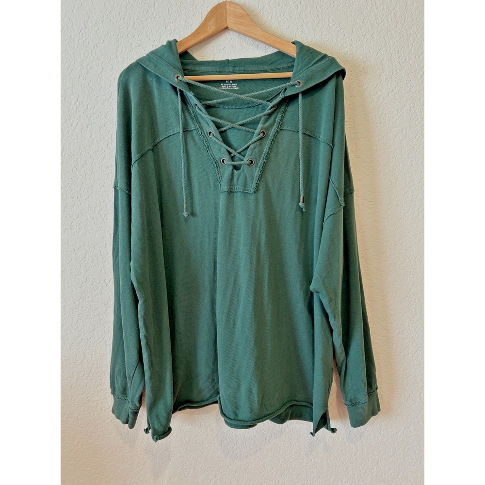 Aerie Women's Lace Up Hoodie Raw Hems Grunge Size M Oversized Goblin Fairy